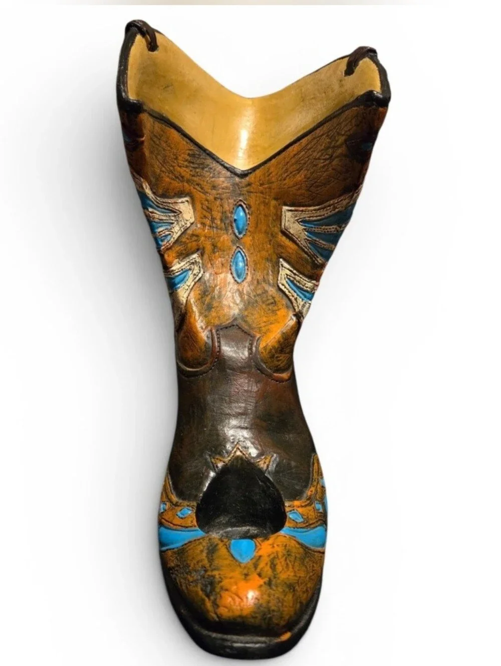 Decorative Country Western Boot Wine Bottle Holder Resin w Inlaid Turquoise